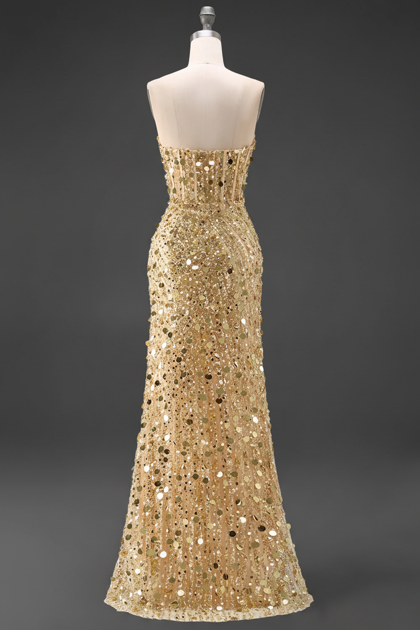 Sparkly Gold Fully Beaded Prom Dress With Deep V Neck Slit And Open Back