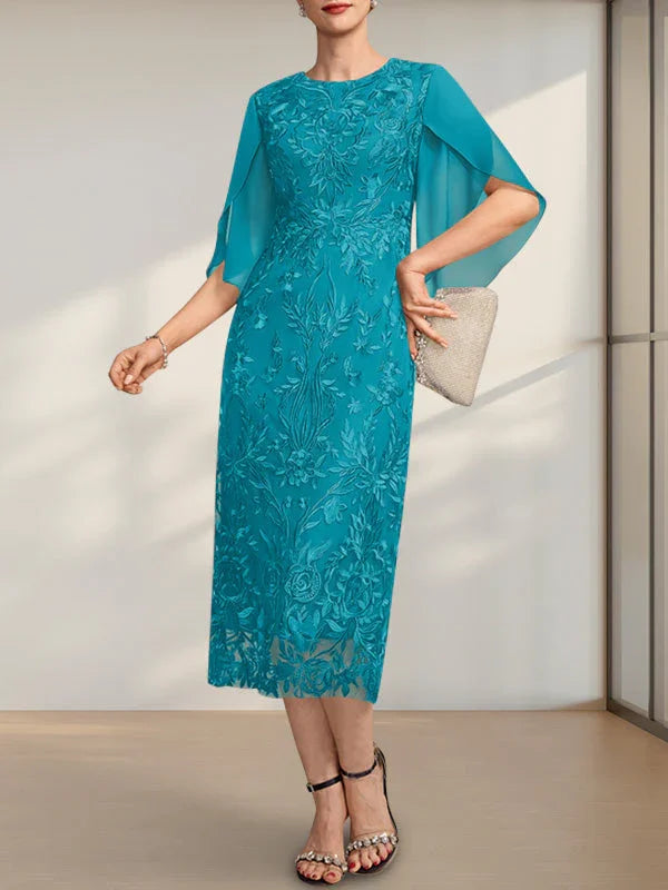 Robe mère de la mariée en dentelle et mousseline, coupe fourreau/colonne, longueur thé