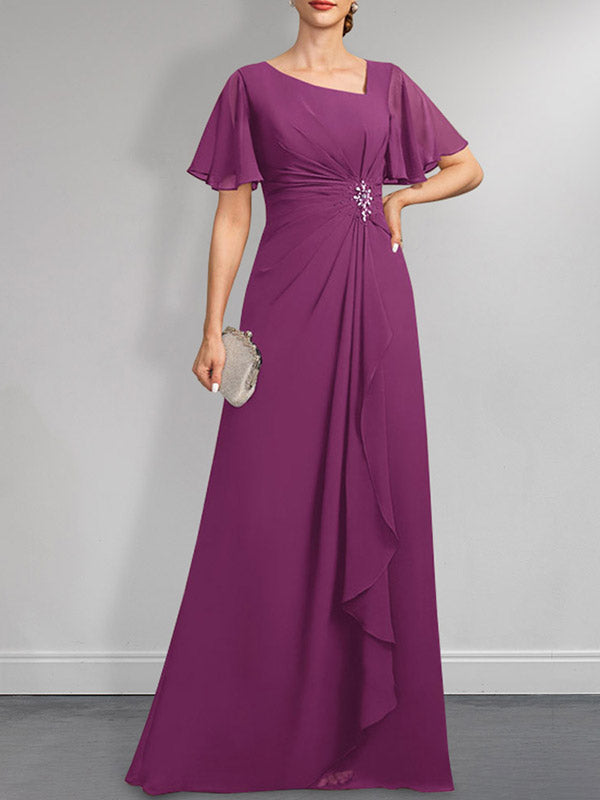 Robe de mère de la mariée en mousseline asymétrique longue jusqu'au sol, coupe en A, ornée de perles plissées et de paillettes