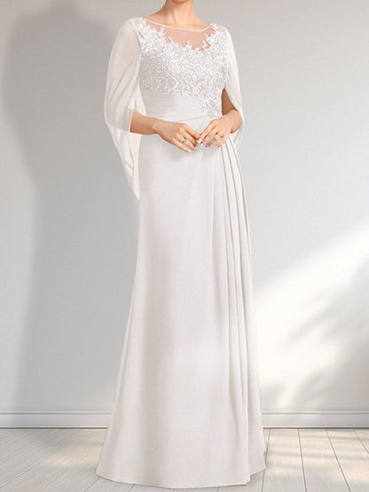 A-Linie, U-Ausschnitt, Illusion, bodenlanges Chiffon-Kleid für die Brautmutter mit plissierten Pailletten