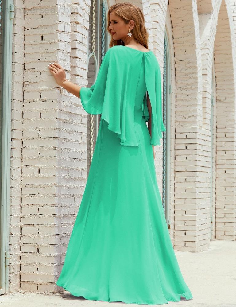 Abito da Damigella Donna Manica Lunga Scollatura a V Chiffon Abito da Cerimonia Matrimonio Festa 28018