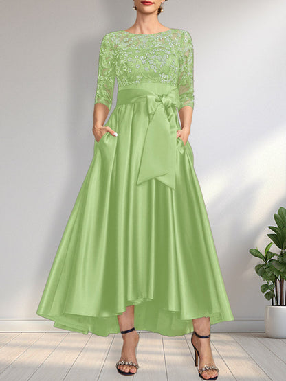 A-Linie U-Ausschnitt Illusion Asymmetrisch Satin Spitze Mutter der Braut Kleid mit Schleife