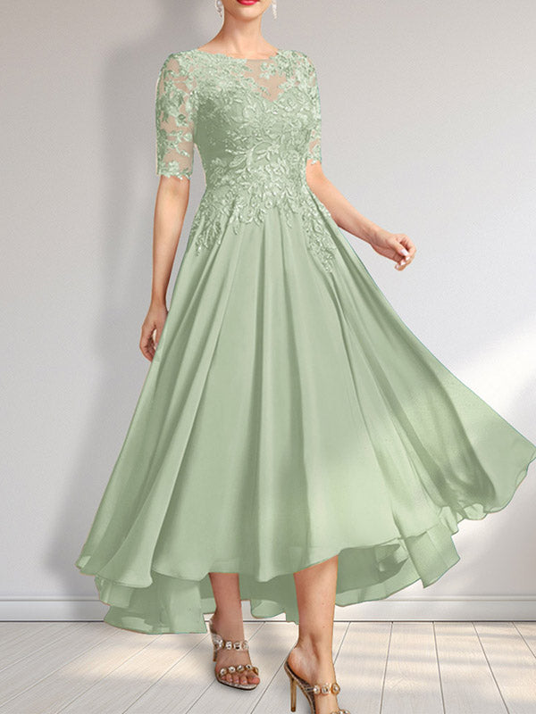 Robe de mère de la mariée en mousseline et dentelle asymétrique illusion à encolure dégagée, coupe en A, ornée de paillettes