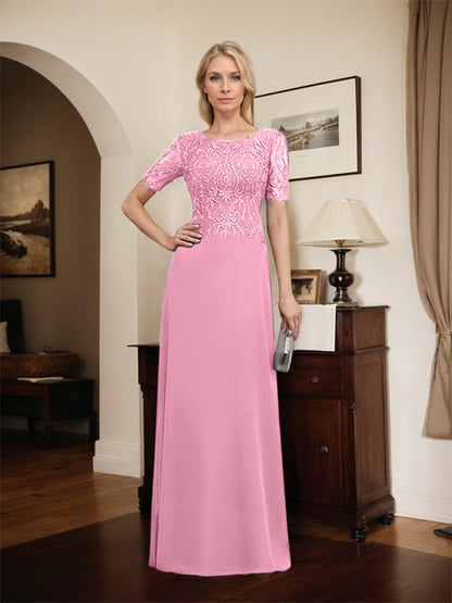 A-Linie U-Ausschnitt Bodenlang Spitzen-Chiffon-Kleid für die Brautmutter mit Pailletten