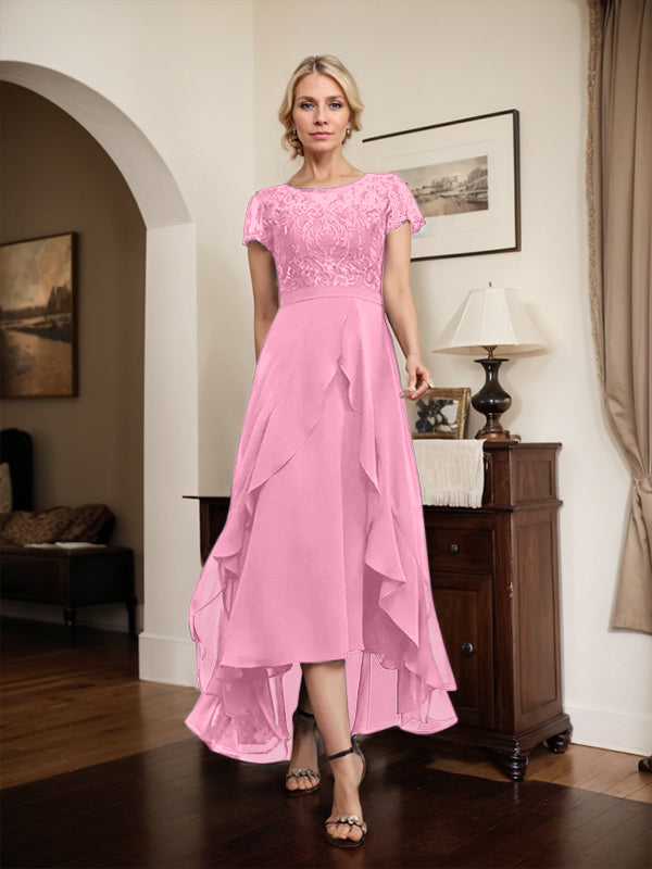 Robe de mère de la mariée en mousseline et dentelle asymétrique illusion à encolure dégagée, coupe en A, avec nœud, volants et paillettes