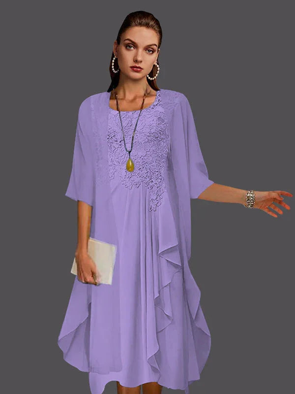 Vestidos de dos piezas con chaqueta sin mangas de encaje de gasa en línea A con pliegues y apliques