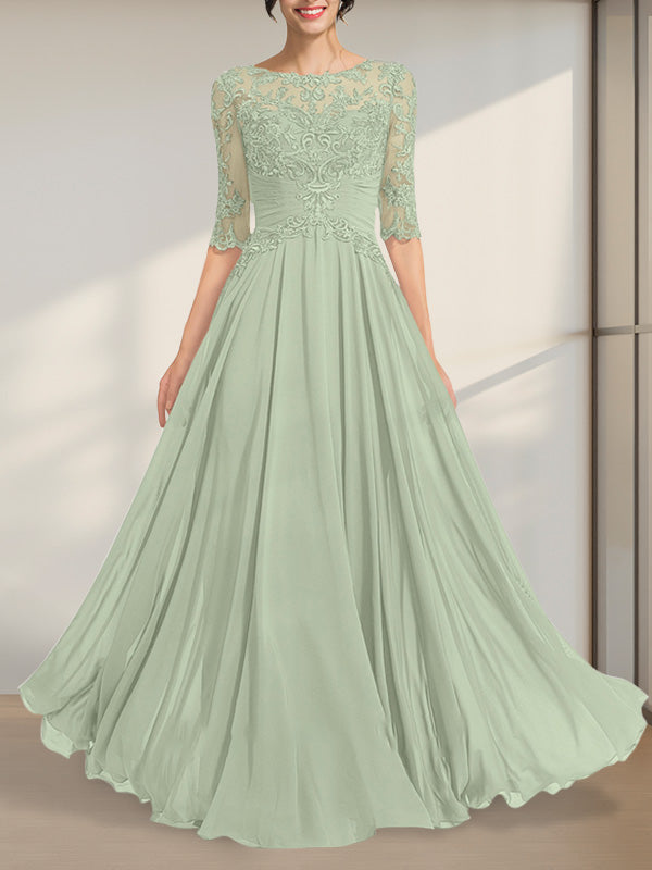 Robe de mère de la mariée en dentelle de mousseline longueur au sol, ligne A, décolleté illusion en forme de cuvette avec sequins plissés