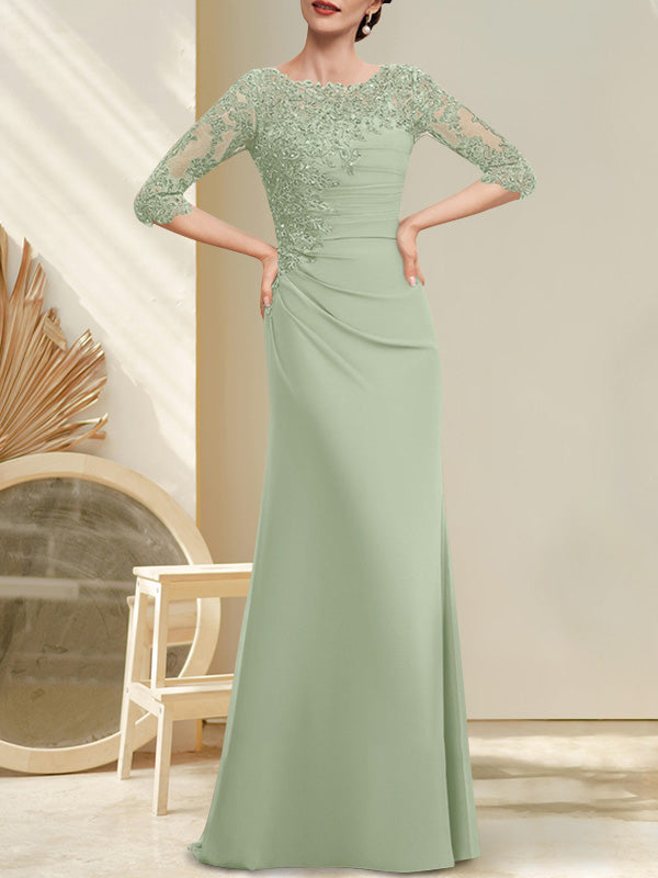 Robe de mère de la mariée en mousseline et dentelle, longueur au sol, en ligne A, décolleté en U, ornée de perles et de paillettes plissées