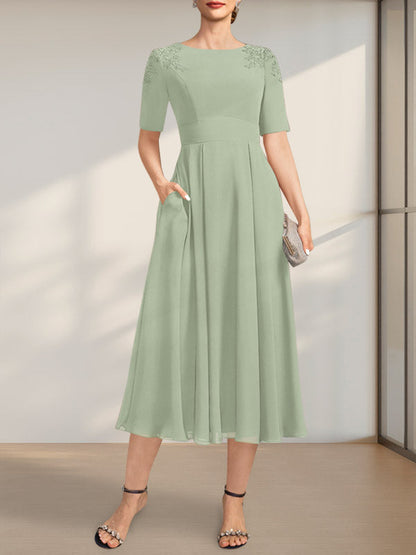 A-Linie U-Ausschnitt Wadenlang Chiffon Kleid für die Brautmutter mit Applikationen Spitze Pailletten