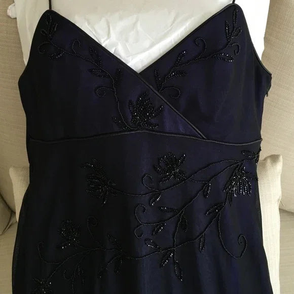 Splendido Abito da Sera con Spalline Blu Navy, Scollo a V, in Chiffon con Perline, Abito da Festa Y7563