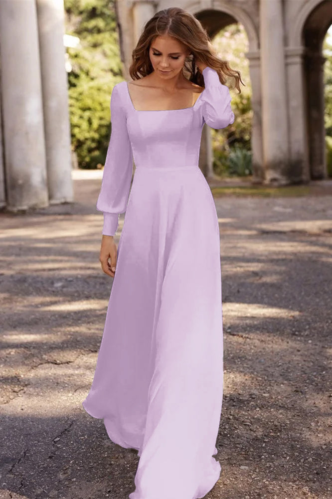 Square Neckline A Line Long Sleeve Wedding Dress For Elegant Bridal