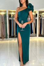 Dark Green One Shoulder Mermaid Evening Dress With Ruched Floor Length