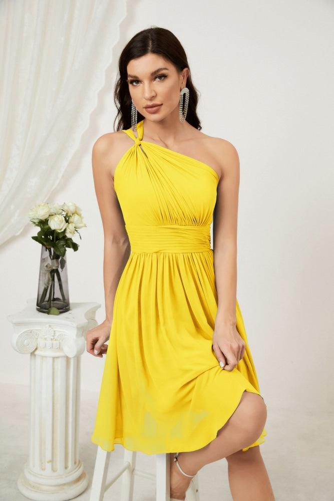 Vestido de Noiva de Ombro Único em Chiffon Curto para Damas de Honra, Vestidos Formais para Festas e Baile de Finalistas 2804