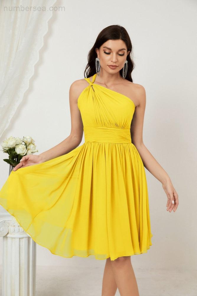 Numbersea Damen Chiffon Kurzes Ein-Schulter Brautjungfernkleid Festliche Kleider für Feier Heimkehr 2804