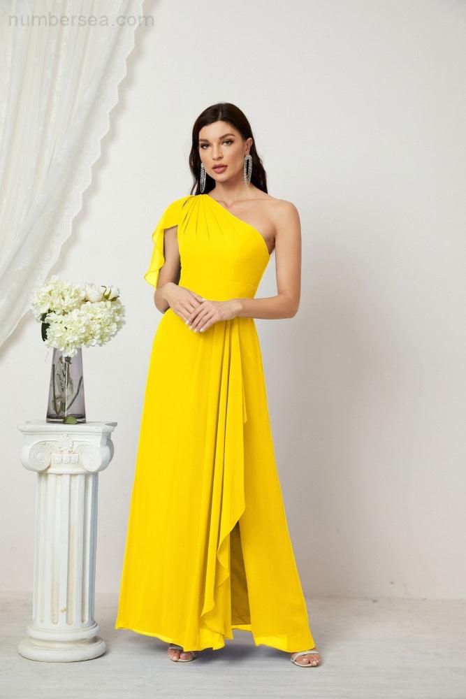 Abito da Sera Formale A-line con Spalla Singola e Balze in Chiffon, Spacco Laterale, per Damigelle, Modello 2809