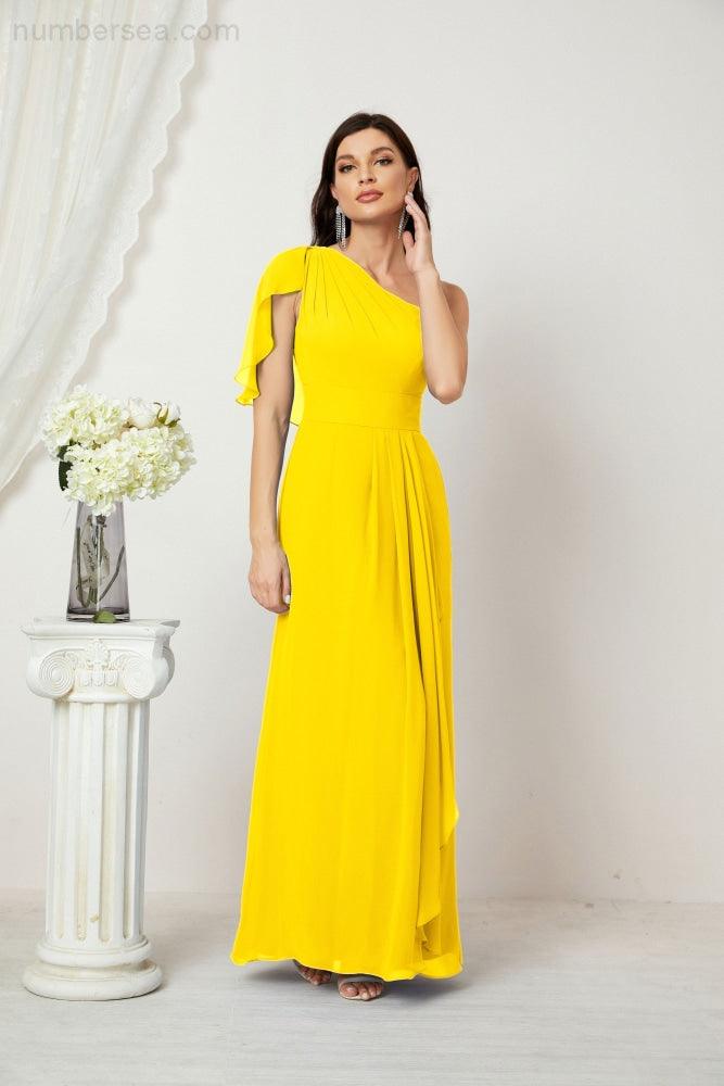 Abito da Sera Formale A-line con Spalla Singola e Balze in Chiffon, Spacco Laterale, per Damigelle, Modello 2809