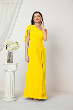 Abito da Sera Formale A-line con Spalla Singola e Balze in Chiffon, Spacco Laterale, per Damigelle, Modello 2809