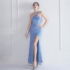 Velvet Bottom Sequin One Shoulder Fishtail Evening Dress