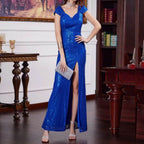 Vestido largo sexy sin mangas con hombros descubiertos y escote en V – Vestido de cóctel de noche 