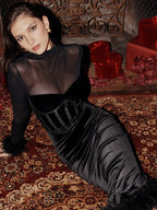 TARUXY Mesh Splice Maxi Dress Women High Waist Slim Feather Temperament Dresses Female Party Retro Elegant Evening Dress Woman