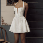 TARUXY Weißes Neckholder-Minikleid für Damen, hohe Taille, hohle Schnürung, Stickerei, ärmellos, Falten, sexy, rückenfreies Abendkleid 