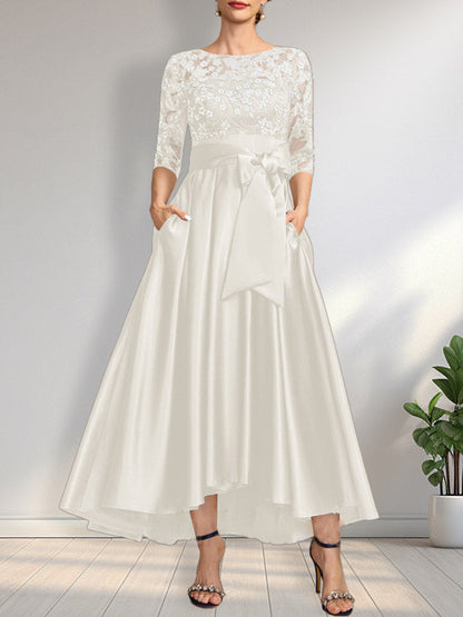 A-Linie U-Ausschnitt Illusion Asymmetrisch Satin Spitze Mutter der Braut Kleid mit Schleife