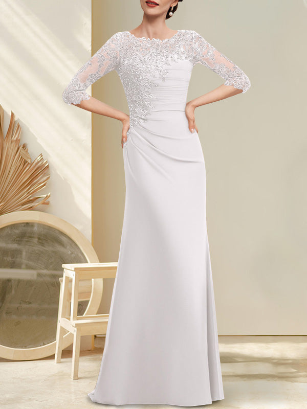Robe de mère de la mariée en mousseline et dentelle, longueur au sol, en ligne A, décolleté en U, ornée de perles et de paillettes plissées