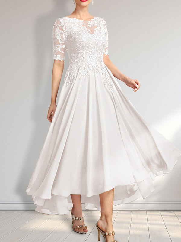 Robe de mère de la mariée en mousseline et dentelle asymétrique illusion à encolure dégagée, coupe en A, ornée de paillettes