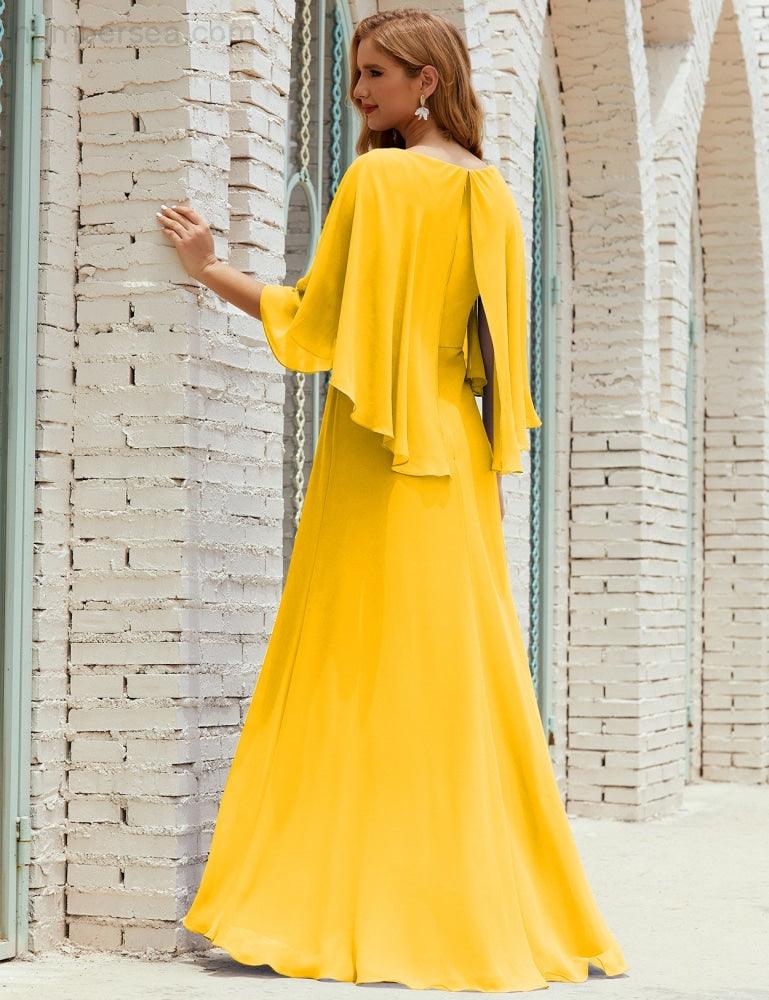 Abito da Damigella Donna Manica Lunga Scollatura a V Chiffon Abito da Cerimonia Matrimonio Festa 28018