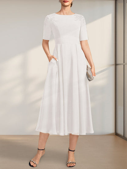 A-Linie U-Ausschnitt Wadenlang Chiffon Kleid für die Brautmutter mit Applikationen Spitze Pailletten