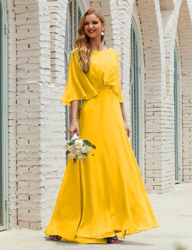 Abito da Damigella Donna Manica Lunga Scollatura a V Chiffon Abito da Cerimonia Matrimonio Festa 28018