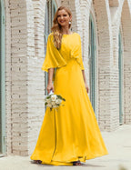 Abito da Damigella Donna Manica Lunga Scollatura a V Chiffon Abito da Cerimonia Matrimonio Festa 28018