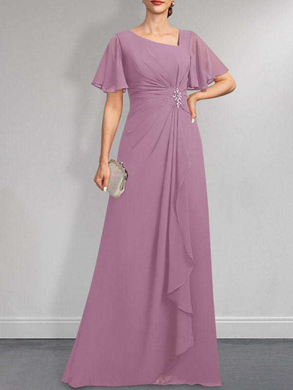 Robe de mère de la mariée en mousseline asymétrique longue jusqu'au sol, coupe en A, ornée de perles plissées et de paillettes