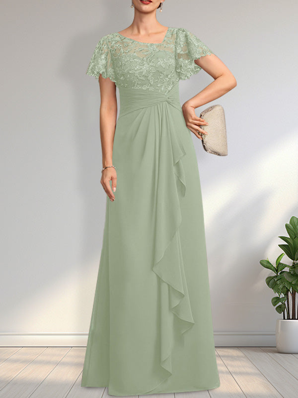 Robe de mère de la mariée en dentelle et mousseline, longueur au sol, illusion asymétrique en ligne A, avec volants en cascade et paillettes