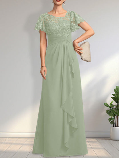 Vestido de madre de la novia de gasa con encaje, ilusión asimétrica, largo hasta el suelo, con volantes en cascada y lentejuelas. 