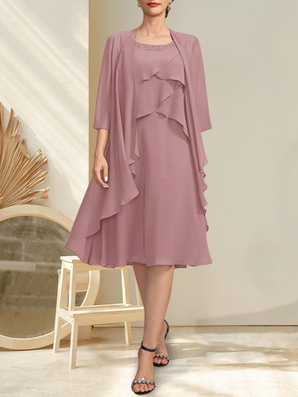 A-Linie U-Ausschnitt Knielang Chiffon Kleid für die Brautmutter mit Perlenbesatz