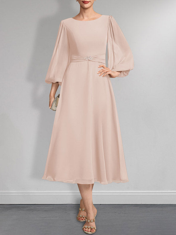 A-Linie U-Ausschnitt Wadenlang Chiffon Mutter der Braut Kleid Mit Kristall Brosche Plissee