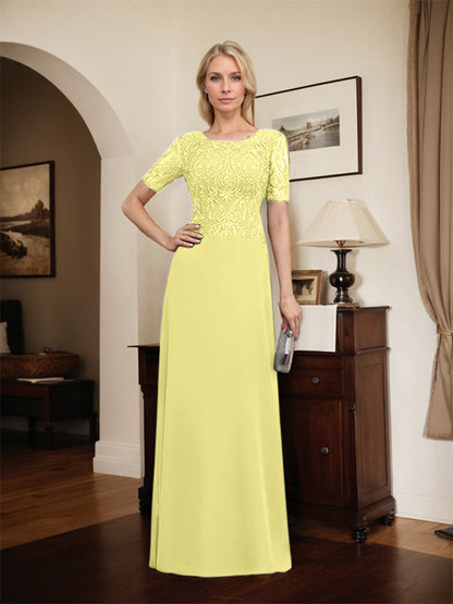 A-Linie U-Ausschnitt Bodenlang Spitzen-Chiffon-Kleid für die Brautmutter mit Pailletten