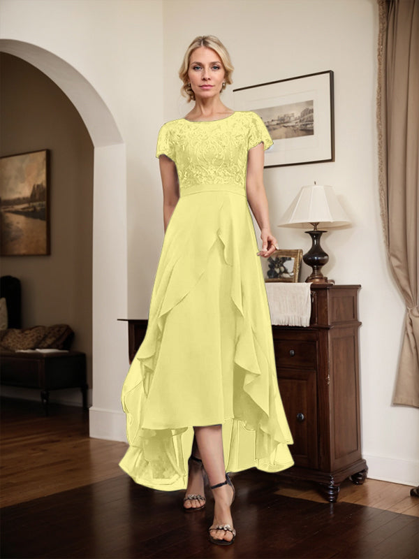 Robe de mère de la mariée en mousseline et dentelle asymétrique illusion à encolure dégagée, coupe en A, avec nœud, volants et paillettes