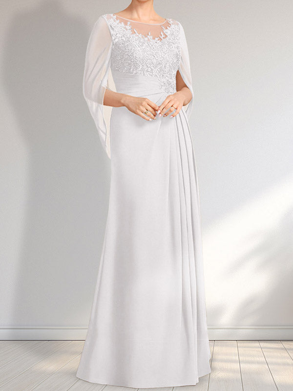 A-Linie, U-Ausschnitt, Illusion, bodenlanges Chiffon-Kleid für die Brautmutter mit plissierten Pailletten