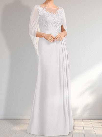 A-Linie, U-Ausschnitt, Illusion, bodenlanges Chiffon-Kleid für die Brautmutter mit plissierten Pailletten