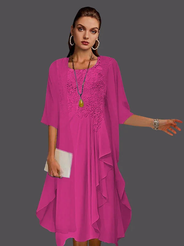 Vestidos de dos piezas con chaqueta sin mangas de encaje de gasa en línea A con pliegues y apliques