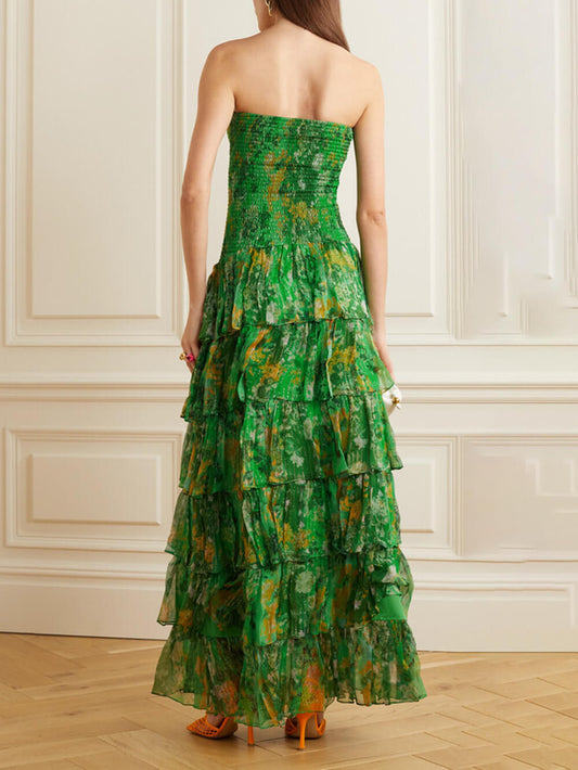 Trägerloses, mehrlagiges Bandeau-Maxikleid mit Blumendruck 