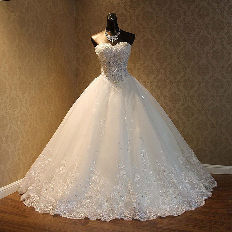 BMbridal Strapless Tulle Ball Gown Wedding Dress With Lace Appliques Sequined