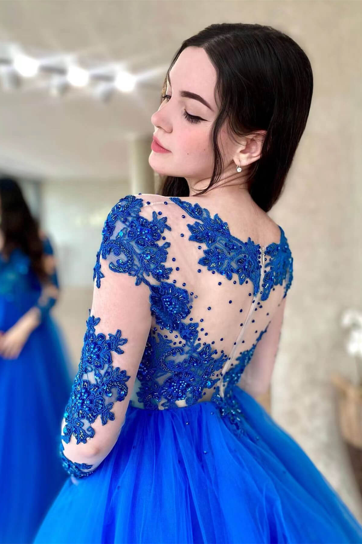Royal Blue Appliqued Tulle Prom Dress with Long Sleeves