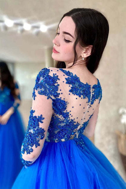 Royal Blue Appliqued Tulle Prom Dress with Long Sleeves