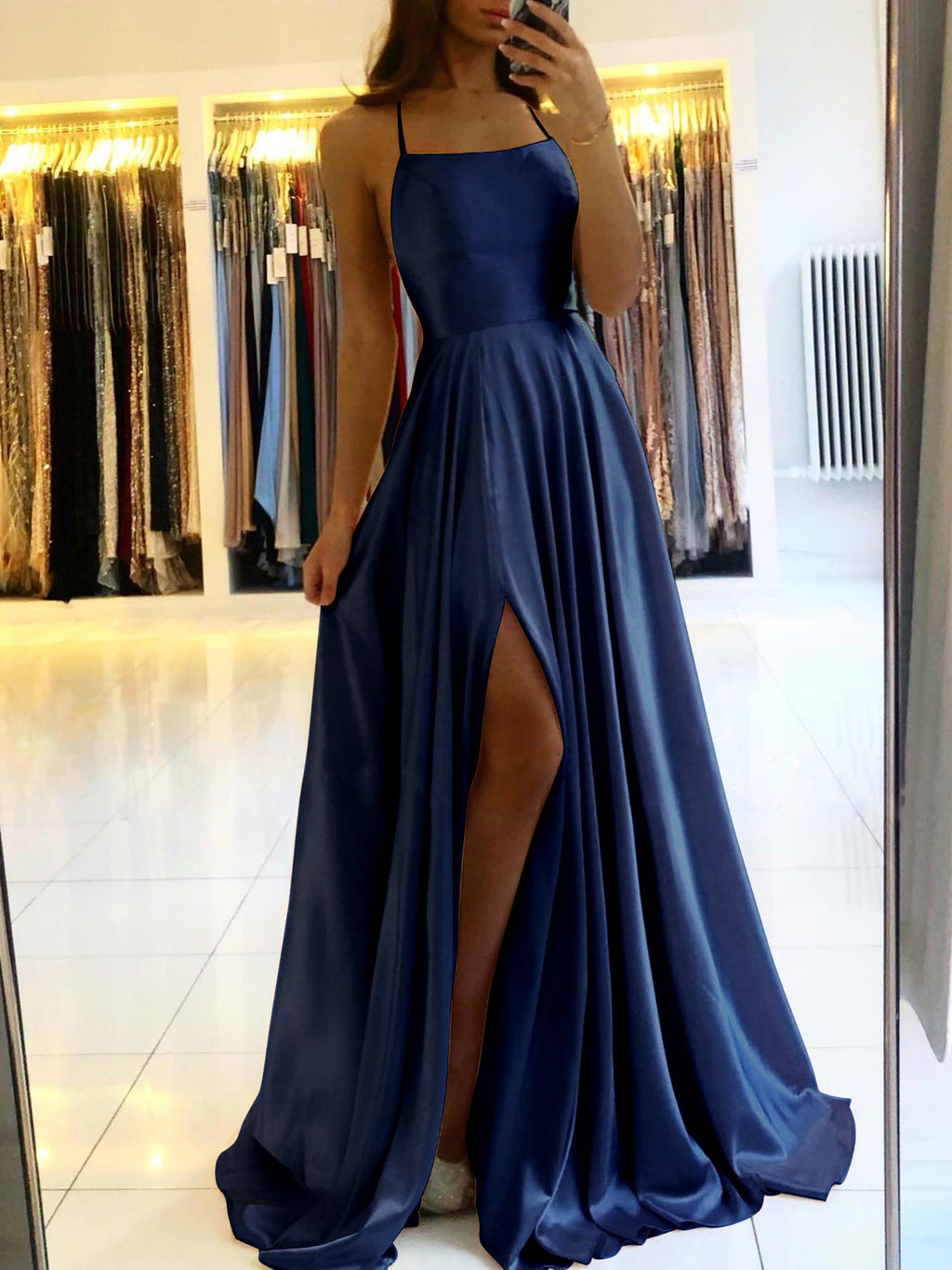 Bmbridal Navy Blue Spaghetti Strap Prom Dress With Long Slit