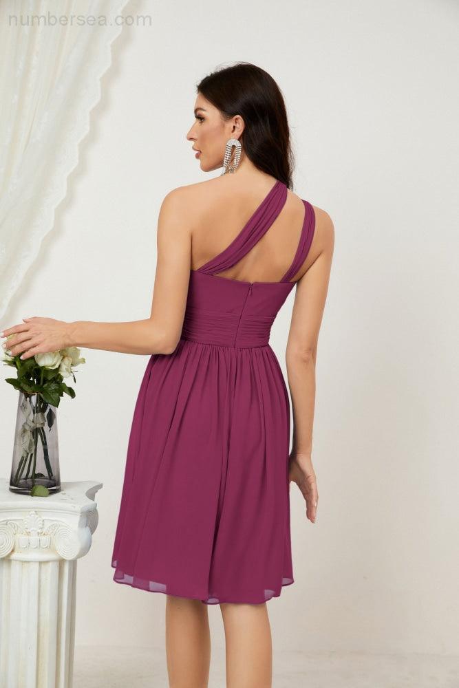 Numbersea Damen Chiffon Kurzes Ein-Schulter Brautjungfernkleid Festliche Kleider für Feier Heimkehr 2804
