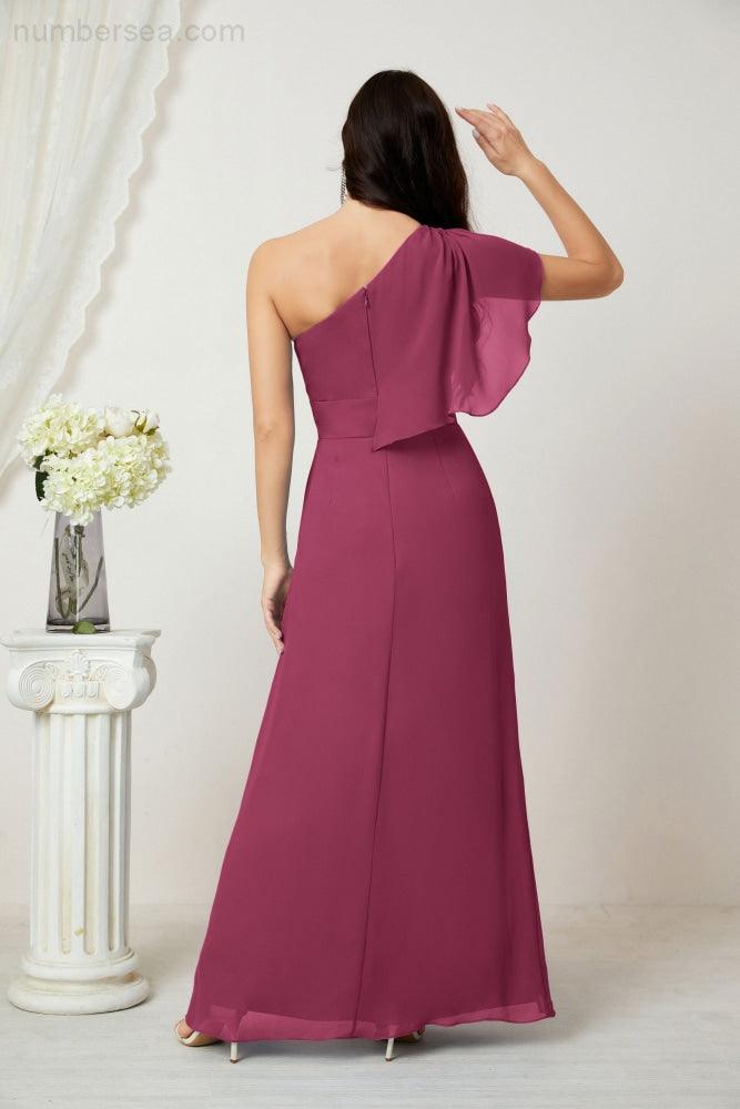 Abito da Sera Formale A-line con Spalla Singola e Balze in Chiffon, Spacco Laterale, per Damigelle, Modello 2809