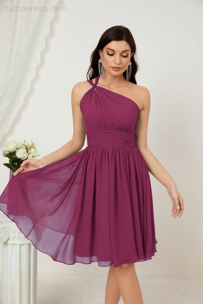 Numbersea Damen Chiffon Kurzes Ein-Schulter Brautjungfernkleid Festliche Kleider für Feier Heimkehr 2804